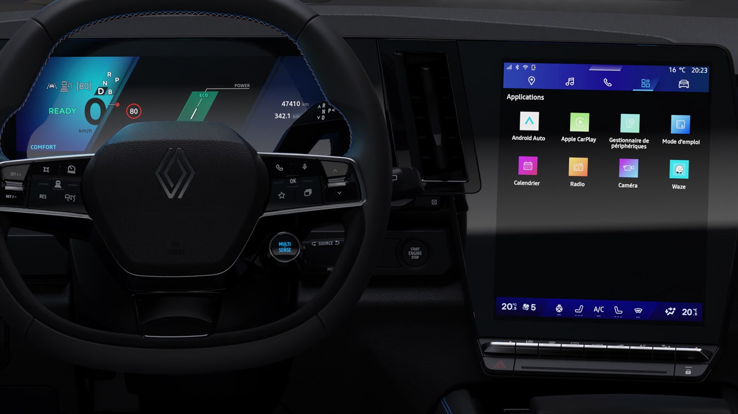 steering wheel and screen of a renault rafale